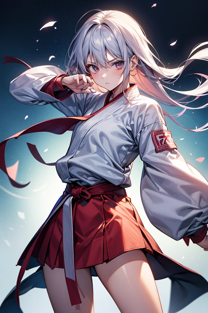 Woman training Shotokan karate performing punch movement with right hand, animated color photos, retrato honesto, corpo inteiro(obra prima:1.3), (8k, alta resolução, uma imagem, Qualidade de imagem superior: 1.4), (1girl em), ligh cabelos castanhos, cabelos ondulados, rosto bonito atraente, (um sorriso: 1.15), 17 anos, corpo inteiro, bare-legged(White Karate Uniform, kimono inteiro:1.4), faixa vermelha++, Corpo atraente com beleza curva suave, Poses sensuais ousadas, Anatomia Perfeita, TÓQUIOcty