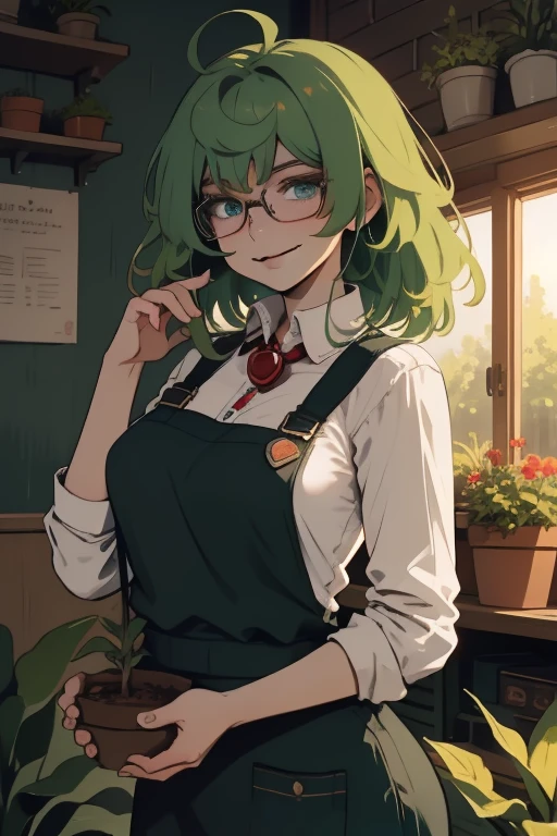 (masterpiece), Maki, 1girl, solo, looking at viewer, smile, short hair,green hair, suit, glasses, blurry, blurry background, scar, bandages, scar on face, burn scar, full body, muscular, standing, big arms, 