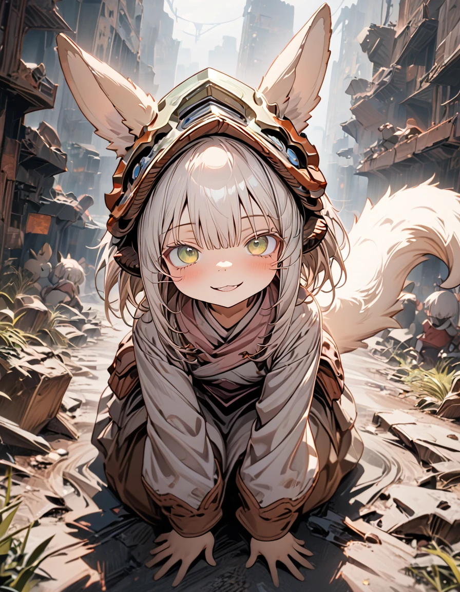 ((Nanachi)), ((masterpiece)), ((best quality)), ((wide shot)), (super detail:1.2), (High Definition:1.3), ((extremely detailed)), (8K), (Professional Photography:1.2), (very aesthetic:1.2), (absurdres:1.2), (sharp focus), (perfect light), (drop shadow),  (hand Reach out to the front), (naughty smile), sit down, ((on the collapsed city of the apocalypse)), (detailed background:1.2), newest, clear line, ,AddXL,nanachi-helmetless,narehate, nanachi (made in abyss),green eyes,white hair,sidelocks,short hair,furry,tail,animal ears,puffy