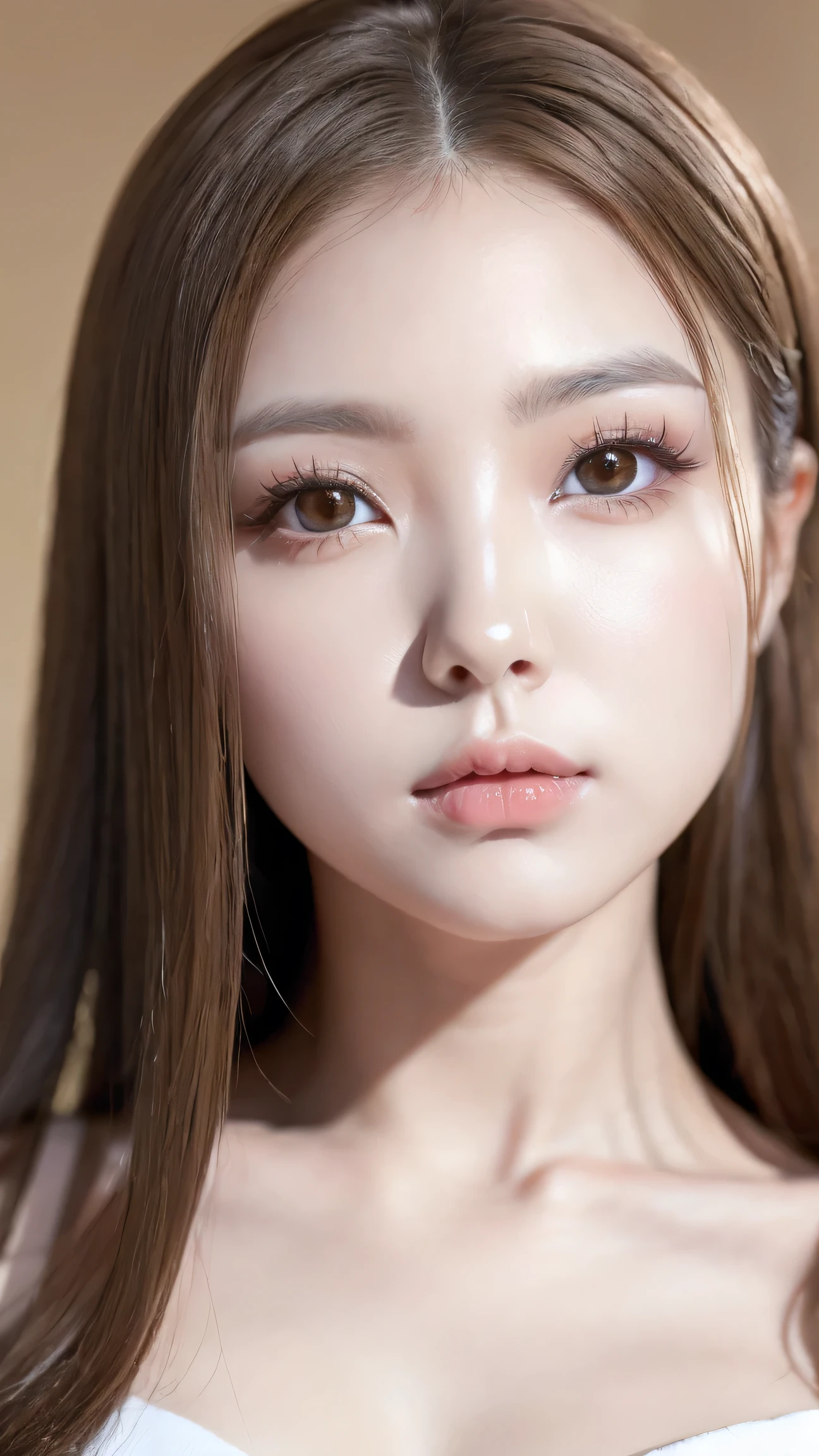 (the most absurd quality perfect eyes), ((natural super beautiful cute sharp-face)), (light pale complexion), ((clear no blur and sharp perfect round realistic brown_eyes:1.25)super detail), finely detailed pupils, detailed lips:1.3, [pink_lipstick:1.3]