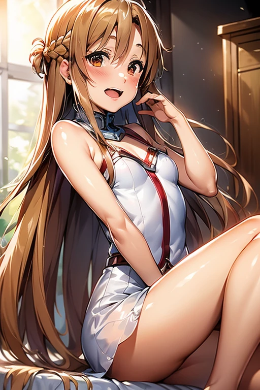 ((Highest quality)), ((masterpiece)), (be familiar with), Perfect Face, indoor, Bedroom, Watching the audience,
One woman, Yuuki Asuna,
Open Mouth, Ecstatic expression, blush, smile,
Small breasts, Flat Chest, , , child, Girl,
Long Hair, Long Hair,
Leg spread,