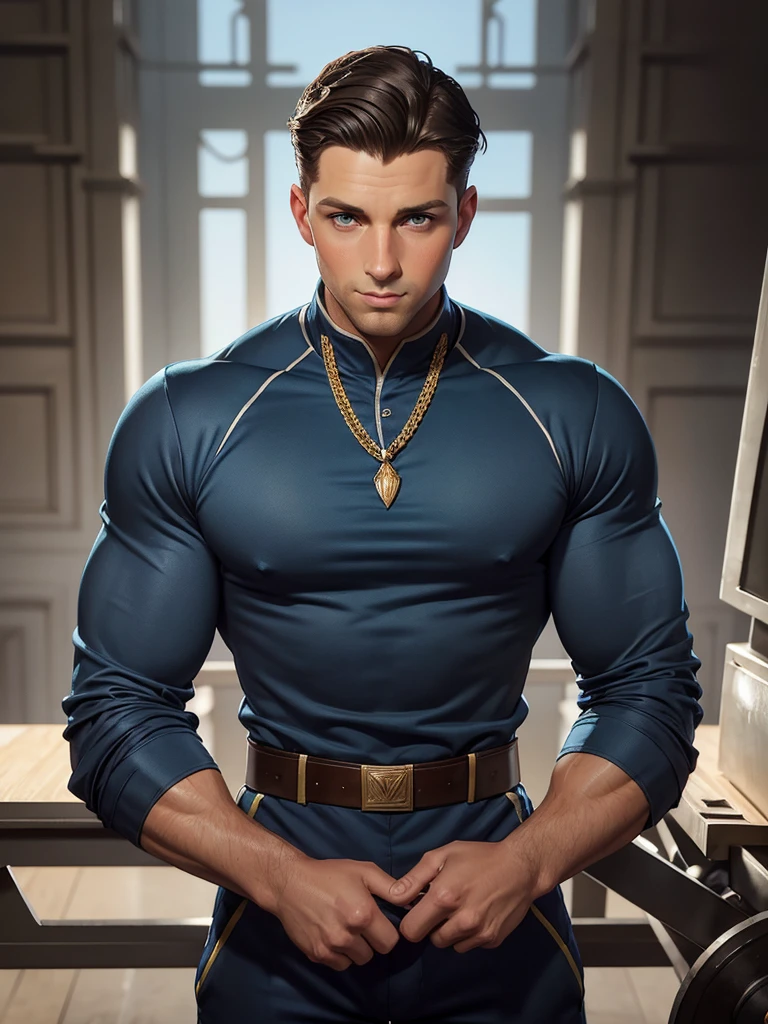 Leyendecker style illustration: you are Jay, a 30-year-old man with short dark hair and blue eyes (although some see your eyes as green, oder grau). , you are a realtor. You're well build, but you have a strong, masculine figure. you are in the gym, wearing gym clothes,