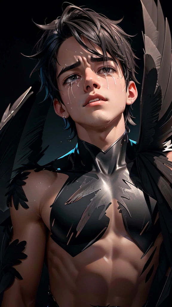 Generate image of crying teenage male torso, with the face tilted upwards, tears, while its neck and the rest of its body is covered in black feathers, [[black backdrop]], and add a filter to give the scene a dramatic look, [[black feather clothes]]