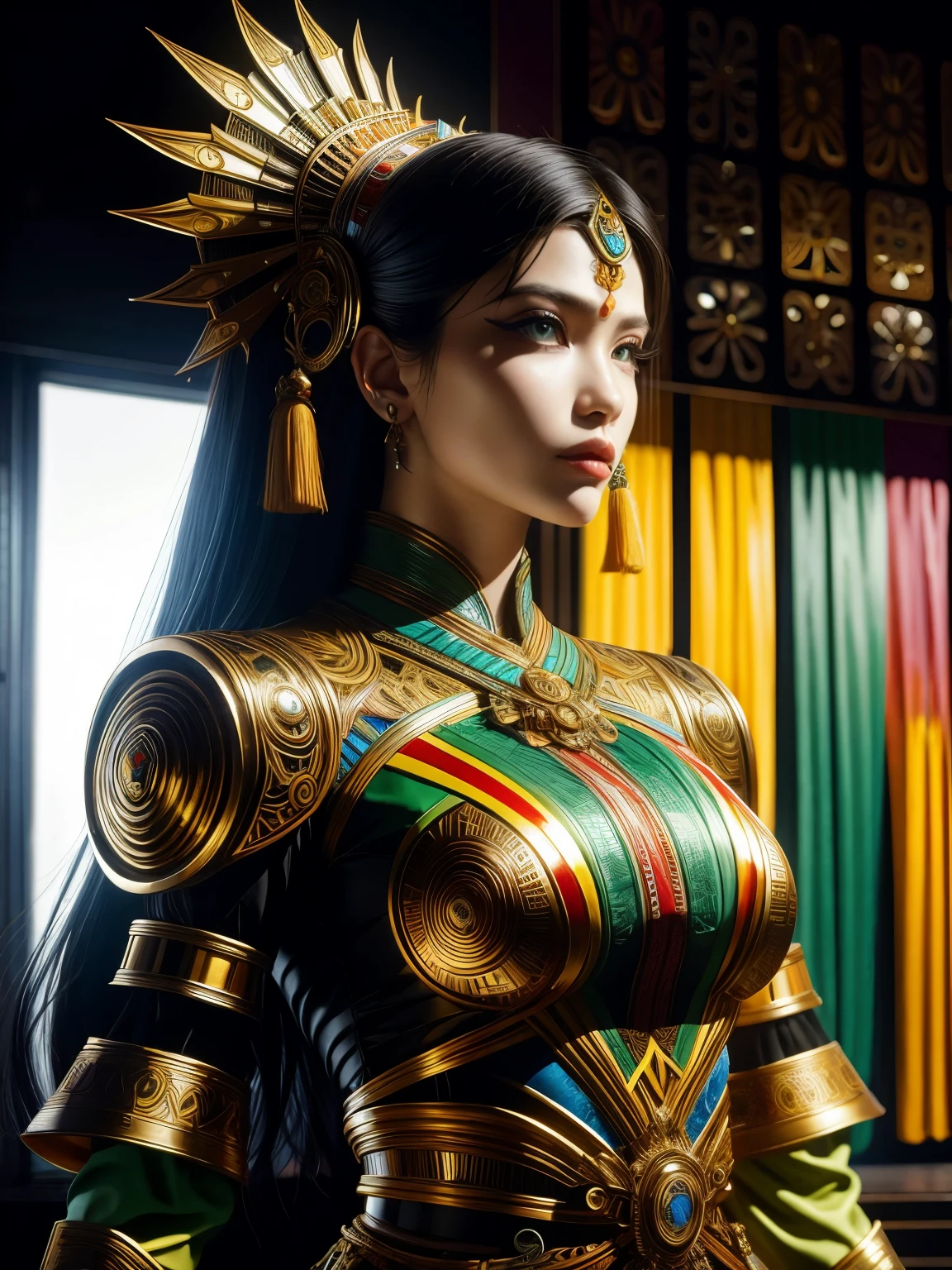 An Indonesian-styled futuristic suit worn by a girl depicting cultural fusion and modern fashion. The suit is adorned with intricate patterns and vibrant colors, showcasing the rich heritage of Indonesia. The girl stands confidently in a dynamic pose, with her detailed eyes reflecting determination and curiosity. The suit's material is a combination of traditional textiles and futuristic synthetic fabrics, giving it a unique and avant-garde appearance. The overall image quality is of the highest standard, with sharp focus and ultra-detailed rendering. The artwork employs physically-based rendering techniques, resulting in realistic lighting and shadows. The colors are vivid and vibrant, capturing the essence of Indonesian cultural aesthetics. The background features a fusion of modern architecture and traditional elements, creating a harmonious blend of the past and the future. The prompt explores the intersection of Indonesian culture, futuristic design, and the artistic representation of a confident girl