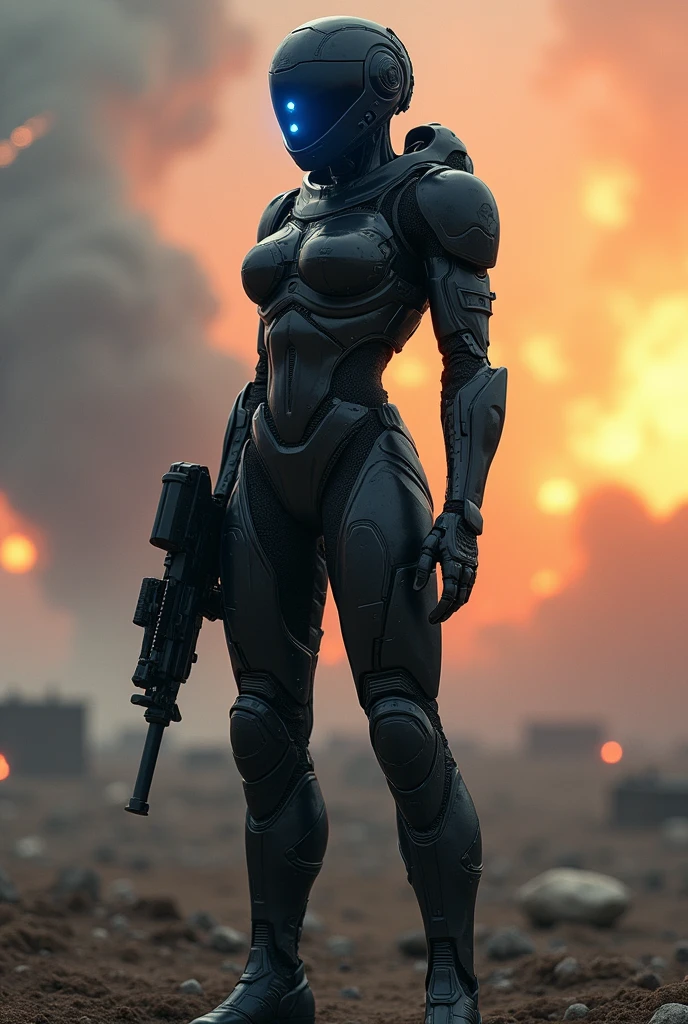 cyborg girl, standing in battle field,