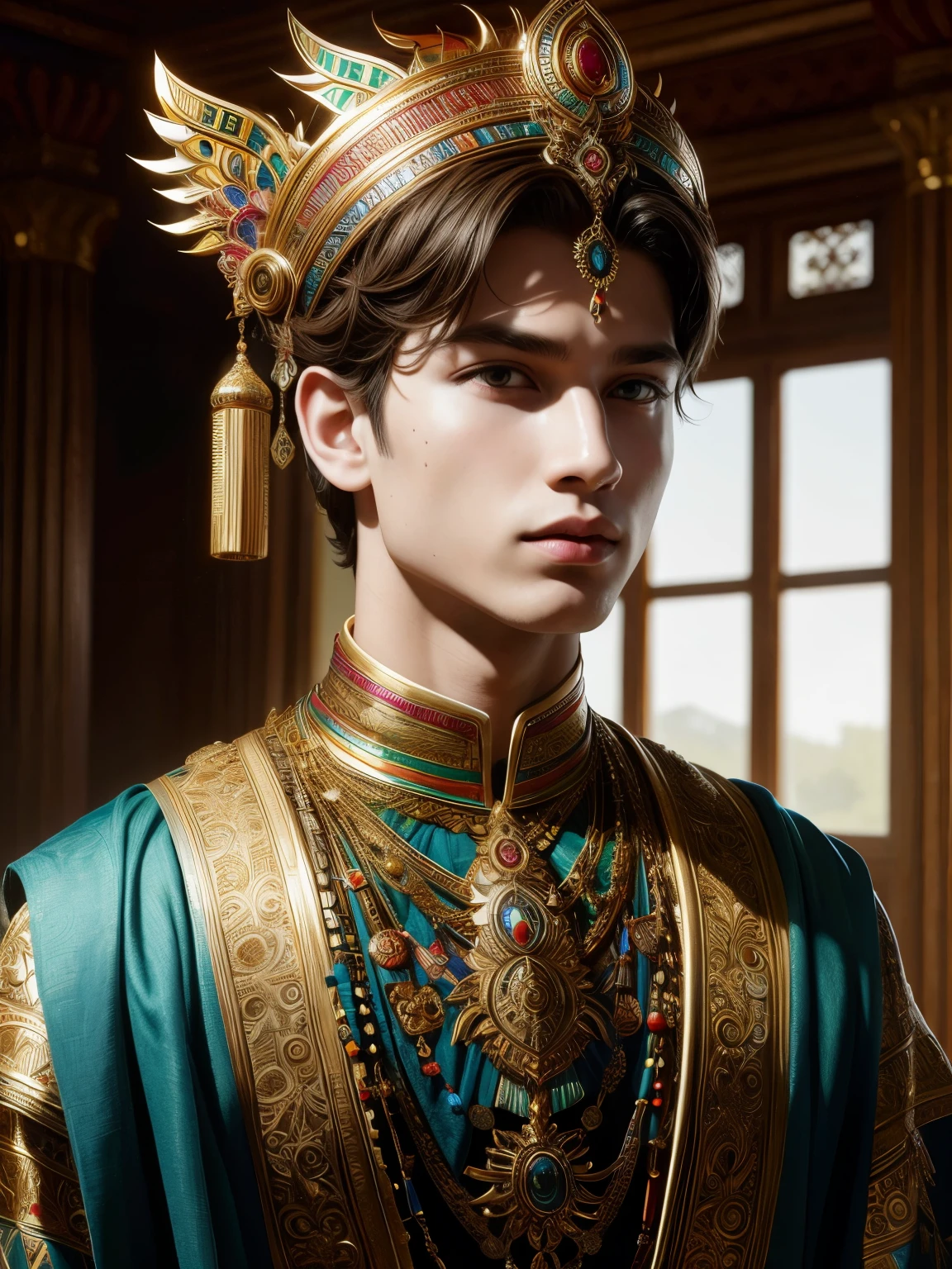 (High quality), (masterpiece), (detailed), 8K, Hyper-realistic illustration depicts a boy in vibrant Indian fantasy attire. The subject's upper body is adorned with intricate patterns and elaborate embroidery, showcasing a rich cultural aesthetic. (Intricate jewelry1.2) and (colorful gemstones1.3) enhance the outfit's opulence, while a (majestic headdress1.2) completes the ensemble. The boy's expression is one of quiet confidence, his gaze directed towards the viewer with a hint of mystery. The image is a stunning blend of cultural tradition and fantasy, creating a unique and captivating portrait.