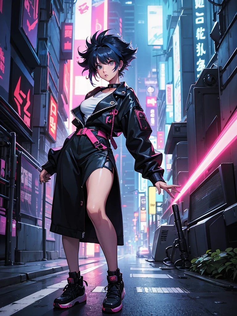 (best quality), (Super fine), (masterpiece), illustration, 1 girl, navel, topless, small breasts, puffy nipples, erect nipples, (Holding an umbrella),(cyberpunk,cybernetic implants),hair accessories, bright colors,dynamic lighting,neon lights,glowing city skyline,Holographic projection,black skirt, Fashion clothing and shoes of the future,A combination of traditional and modern elements,Avant-garde makeup,Exquisite hairstyle,confidence and determination,city environment,downpour,Reflection on slippery road,metallic feel,Mechanical armor, Gorgeous accessories,high-tech products,Impressive cybernetic enhancements,Clear focus,gnarly details, Overclocked rendering, Cinematic edge light, fine light, masterpiece, Super details, epic work, ultra high definition, high quality, 32k