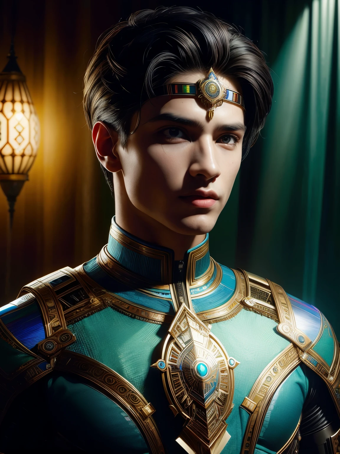 (High quality), (masterpiece), (detailed), 8K, Hyper-realistic illustration of a boy seamlessly blends cultural traditions with futuristic elements. The subject's upper body is dressed in a modern interpretation of Indian fantasy attire, featuring sleek lines and innovative materials. (Holographic embroidery1.2) and (luminescent fabrics1.3) create a futuristic aura, while intricate patterns pay homage to cultural heritage. (High-tech accessories1.2) and (cybernetic enhancements1.3) add a layer of futuristic intrigue, while a confident gaze from the subject hints at a bold vision of the future. The image is a captivating fusion of old and new, presenting a unique twist on traditional attire.