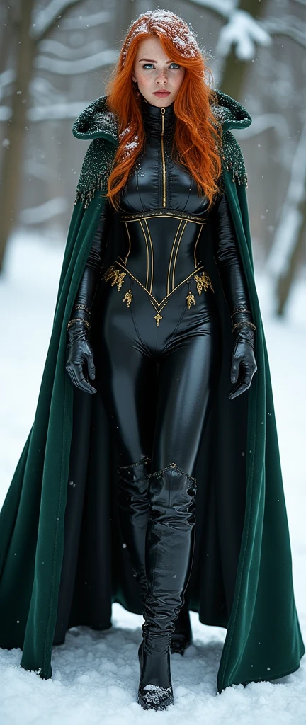 Young Triss merigold is wearing black latex wizard suit with a dark green cape and with golden details her ginger  hair is covered in snow she has big  and ass her suit is covered in snow she has freckles and green eyes she is wearing a tight dark corset  she is wearing latex gloves her torso is slim and her ass and  are fit she is wearing latex black thigh high boots with heels 