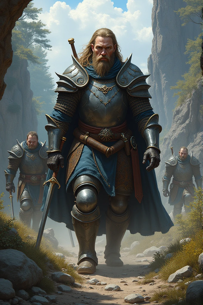 Blonde man with vinking appearance, realistic image, medieval style of fantasy, with sword in right hand and a shield in left hand, a medium beard, smile, light smile, angry, screaming, cinematic lighting, UHD --auto