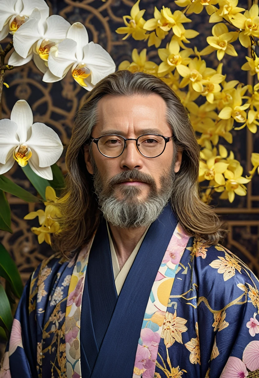 1man, middle-aged, long hair, beard, handsome, wearing glasses, wearing Nouveau-inspired kimono, geometrical nouveau background, orchids and the forsythia flowers, closer distance face, closer distance head, his closer distance pressing against me, hd, high quality, best quality, masterpiece, 8k resolution