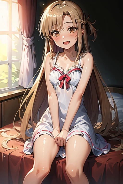 ((Highest quality)), ((masterpiece)), (be familiar with), Perfect Face, indoor, Bedroom, Watching the audience,
One woman, Yuuki Asuna,
Open Mouth, Ecstatic expression, blush, smile,
Small breasts, Flat Chest, , , child, Girl,
Long Hair, Long Hair,
Leg spread,