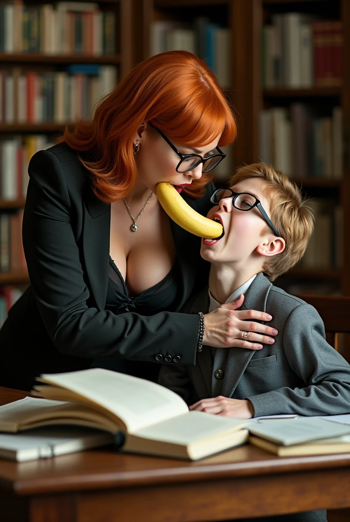 Young MILF, 2, red ginger hair, hair worn in a loose bun with free strands framing her face, freckled face, lots of freckles, extremely thin metal frame glasses, professional worker as either a teacher or an office secretary, has a bit of a wild side, busty, hourglass figure that strains her clothes but just slightly, skintight yellow cocktail dress, huge breasts, hyperbreasts, unrealistically large breasts, breasts larger than any others to exist, breasts spilling out of her dress slightly, spreading her legs, massaging her own legs and her own pussy, female masturbation, sitting in an office chair, teacher’s desk, books and an apple on the desk, desktop computer, taking a break from work to talk to me, sweet but intense gaze, green eyes, sharp green eyes, thin but lush lips, tiny gold earrings, long and thin gold necklace, high heeled shoes, sexy and sophisticated, trending toward NSFW, about to make a sexual advance, still clothed but not for long, biting lower lip seductively, leaning forward slightly, staring at me, staring at viewer, seductively staring, blowing a kiss with her hand, POV from below, looking at me with a sweet seductive smile, Kind but dominant teacher, asking you to praise her, looking dip at you from under her desk, giving a blowjob, POV blowjob, blowjob, sucking dick, deepthroat, gagging, eyes watering