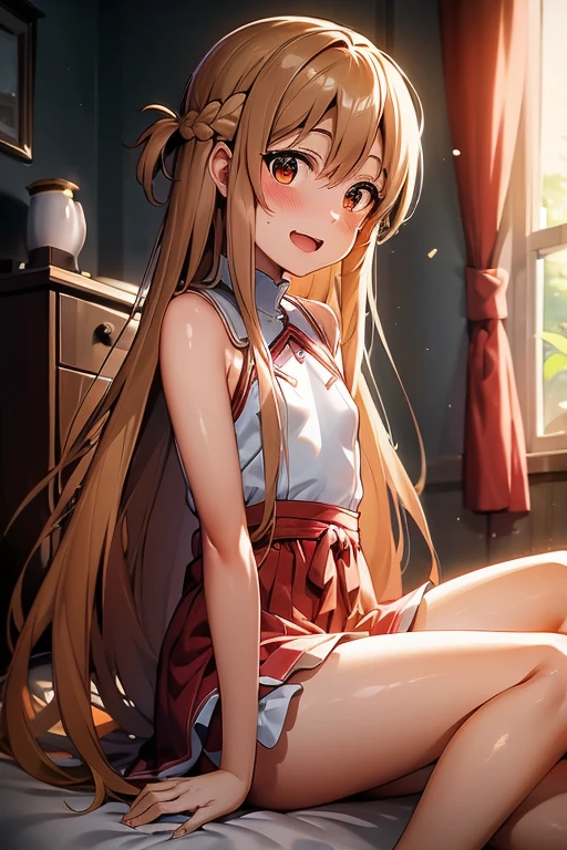 ((Highest quality)), ((masterpiece)), (be familiar with), Perfect Face, indoor, Bedroom, Watching the audience,
One woman, Yuuki Asuna,
Open Mouth, Ecstatic expression, blush, smile,
Small breasts, Flat Chest, , , child, Girl,
Long Hair, Long Hair,
Leg spread,