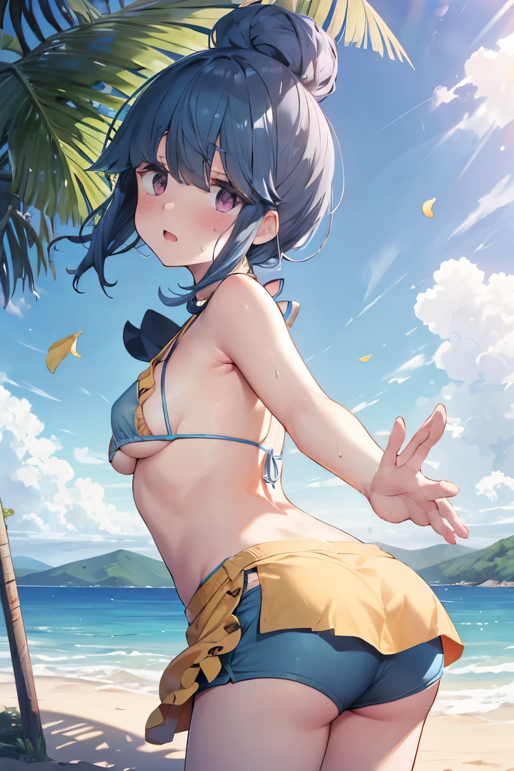 NSFW,hutao\(genshin\),(Swimwear:1.8),(Perfect hands),(Perfect Anatomy),(masterpiece),(highest quality),(Embarrassed:1.5),blush,Feeling embarrassed,Lift your butt,Leg spread,Sandy Beach,Palm tree,Rock Shade