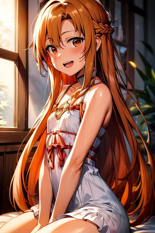 ((Highest quality)), ((masterpiece)), (be familiar with), Perfect Face, indoor, Bedroom, Watching the audience,
One woman, Yuuki Asuna,
Open Mouth, Ecstatic expression, blush, smile,
Small breasts, Flat Chest, , , , Girl,
Long Hair, Long Hair,
Leg spread,