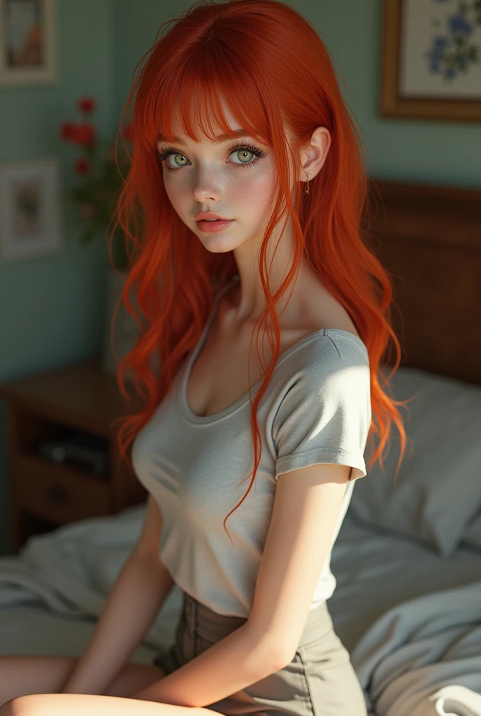 beautiful redhead, blue eyes, orange clothes, ponytail, American, 19 years old, Gorgeous woman, prisoner, Flashing, sexy, orange clothes,