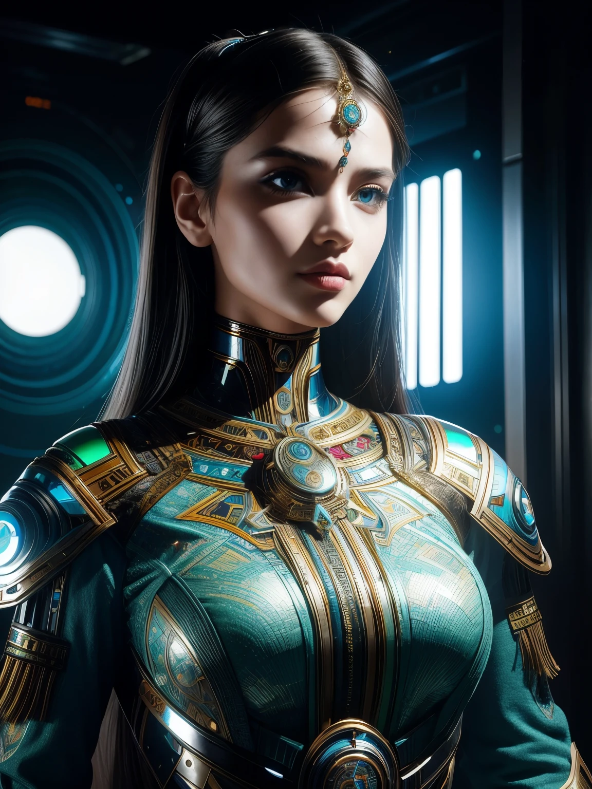 (High quality), (masterpiece), (detailed), 8K, Hyper-realistic illustration of a girl embodies the fusion of cultural heritage with futuristic vision. The subject's upper body is dressed in a modern interpretation of Indian fantasy attire, featuring sleek silhouettes and innovative materials. (Holographic textiles1.2) and (luminescent accents1.3) create a futuristic glow, contrasting with intricate traditional patterns. (High-tech accessories1.2) and (cybernetic implants1.3) add a layer of futuristic intrigue, while her confident posture exudes a sense of empowerment. The image presents a unique blend of cultural roots and futuristic aspirations, offering a glimpse into a world where tradition meets innovation.