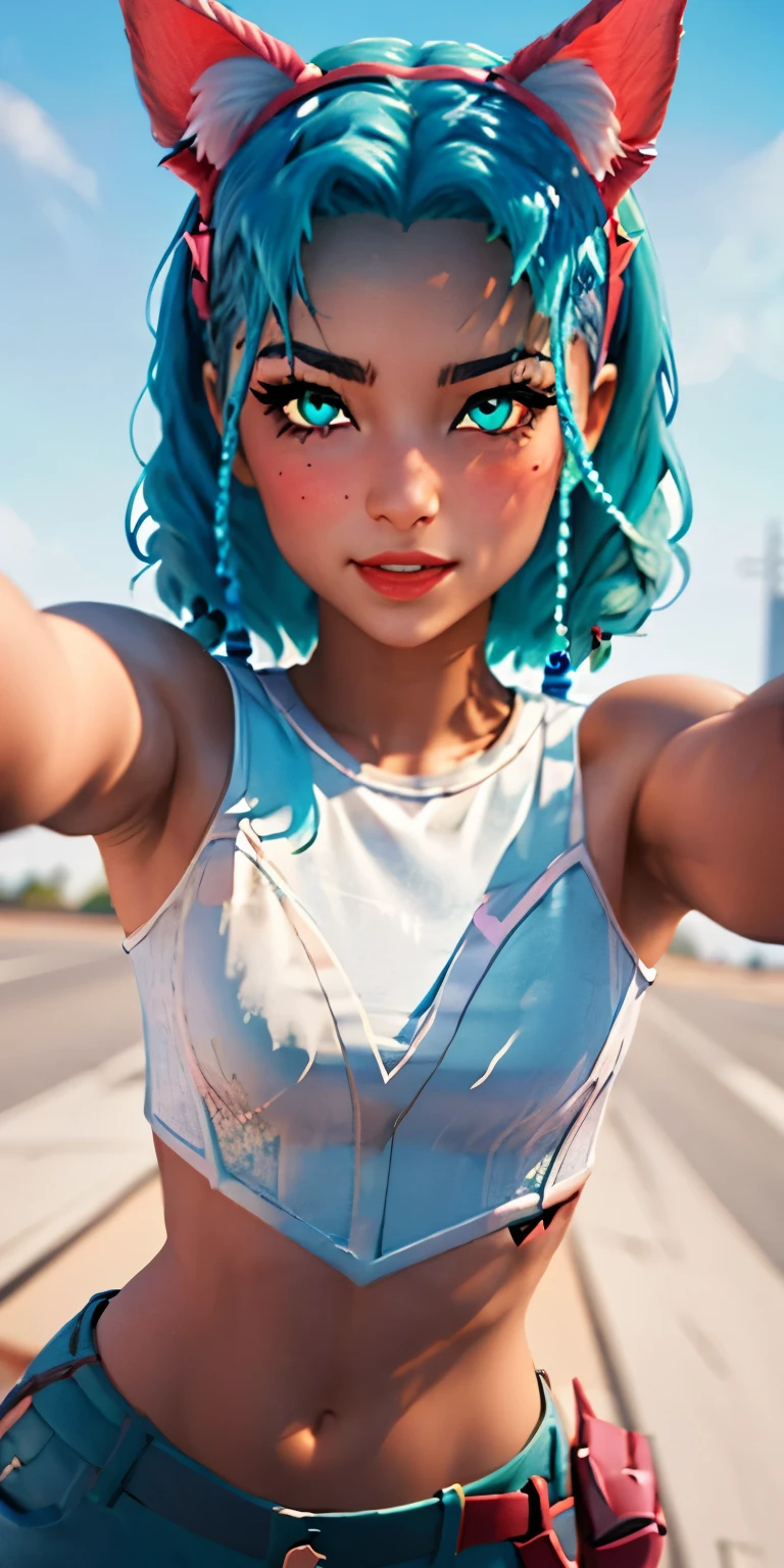 Heart-shaped_pupils, 1girl,aqua hair,aqua eyes,aqua eyeshadow, (blush:1.1),upper body,trembling,(speed lines:1.1),medium breasts, love, heart, cat ears headband, White crop top, navel, lipsticks, happy, looking at viewer, facing viewer, outstretched arms,