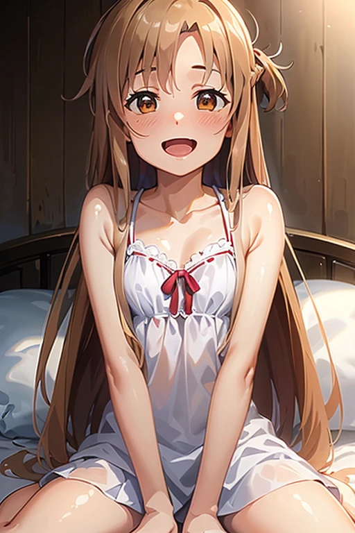 ((Highest quality)), ((masterpiece)), (be familiar with), Perfect Face, indoor, Bedroom, Watching the audience,
One woman, Yuuki Asuna,
Open Mouth, Ecstatic expression, blush, smile,
Small breasts, Flat Chest, , , child, Girl,
Long Hair, Long Hair,
Leg spread,