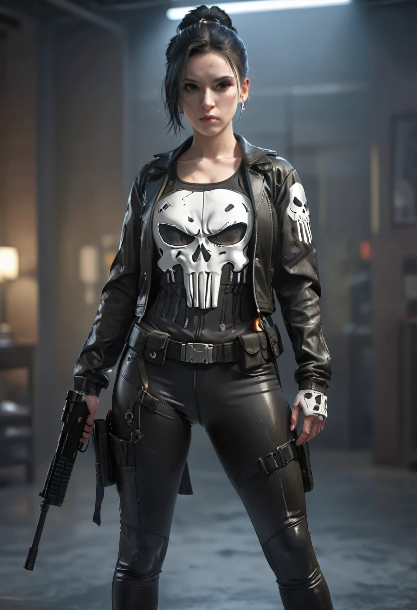 female dressed as Punisher, (full body visible), looking at viewer, portrait, photography, detailed skin, realistic, photo-realistic, 8k, highly detailed, full length frame, High detail RAW color art, piercing, diffused soft lighting, sharp focus, hyperrealism, cinematic lighting,