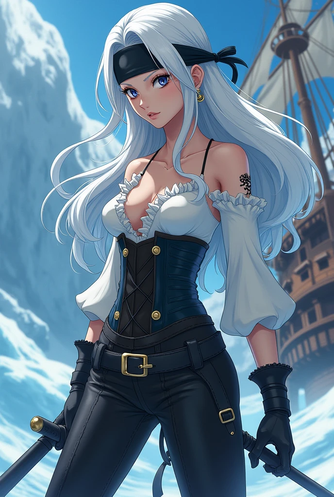 pirate,Sailing,On the boat,captain,High resolution, Long Hair, Character profile, Highest quality, High-resolution model, Silver Hair, Hair blowing in the wind, Curly Hair, Crescent-shaped earrings, Teeth Seductive smile, 360° View, Cinematography, pirateの帽子