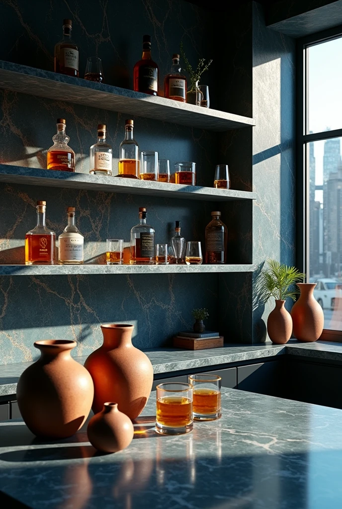 r\aw photography, analog, realism, ultrarealism:3, blue veined marble shelving with drinks, whiskeys, glasses, ceramic terracota piles being iluminated with natural light coming from the window, dramatic shadows, high contrast, lens flare, drop shadow, atmospheric perspective, 8k, super detail, best quality, UHD, highres, best quality, super detail, high details