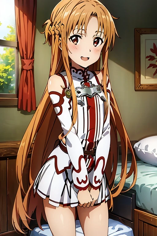 ((Highest quality)), ((masterpiece)), (be familiar with), Perfect Face, indoor, Bedroom, Watching the audience,
One woman, Yuuki Asuna,
Open Mouth, Ecstatic expression, blush, smile,
Small breasts, Flat Chest, , , , Girl,
Long Hair, Long Hair,
Leg spread,