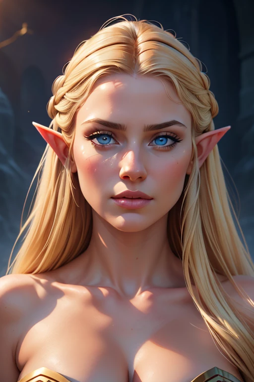 1girl, elf priestess, long flowing blonde hair, pointed ears, beautiful detailed blue eyes, beautiful detailed delicate lips, round face, wearing revealing yet practical battle attire, large bust, wide hips, white dress with blue accents, anatomically accurate, (best quality,4k,8k,highres,masterpiece:1.2),ultra-detailed,(realistic,photorealistic,photo-realistic:1.37),portrait,fantasy,digital painting,dramatic lighting,vibrant colors