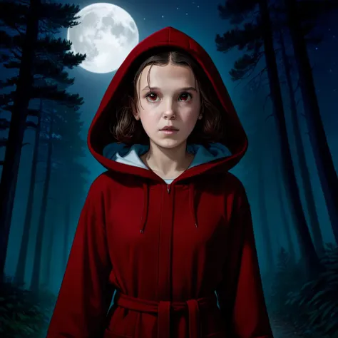 milli3 woman, millie bobby brown, 1 goth girl wearing dark red hooded robe, netflix, stranger things, eleven, in dark forest wit...