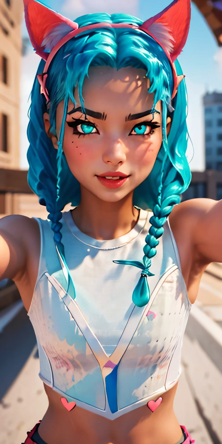 Heart-shaped_pupils, 1girl,aqua hair,aqua eyes,aqua eyeshadow, (blush:1.1),upper body,trembling,(speed lines:1.1),medium breasts, love, heart, cat ears headband, White crop top, navel, lipsticks, happy, looking at viewer, facing viewer, outstretched arms,