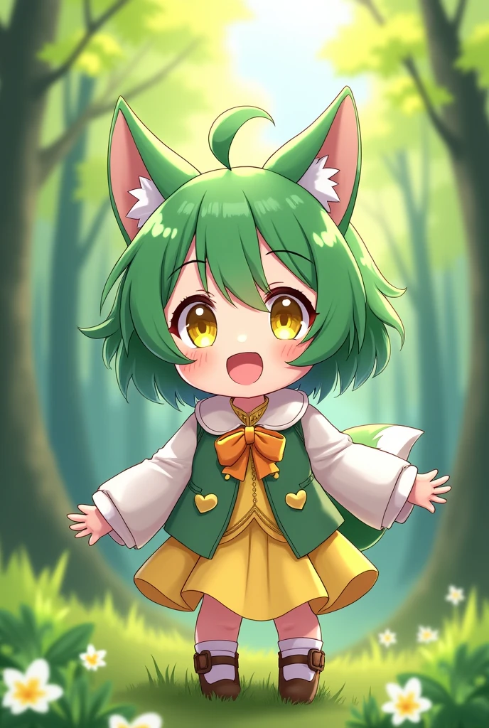 boy, furry, blown squirrel ears, animal ear fluff, bodyfur, blown squirrel tail, green goggles, green club budge, green neckerchief, green salior collar, green cloak, light green polo shirt, short sleeves, bottomless, green rubber gloves, green wellington boots, smile, penis, testicles
