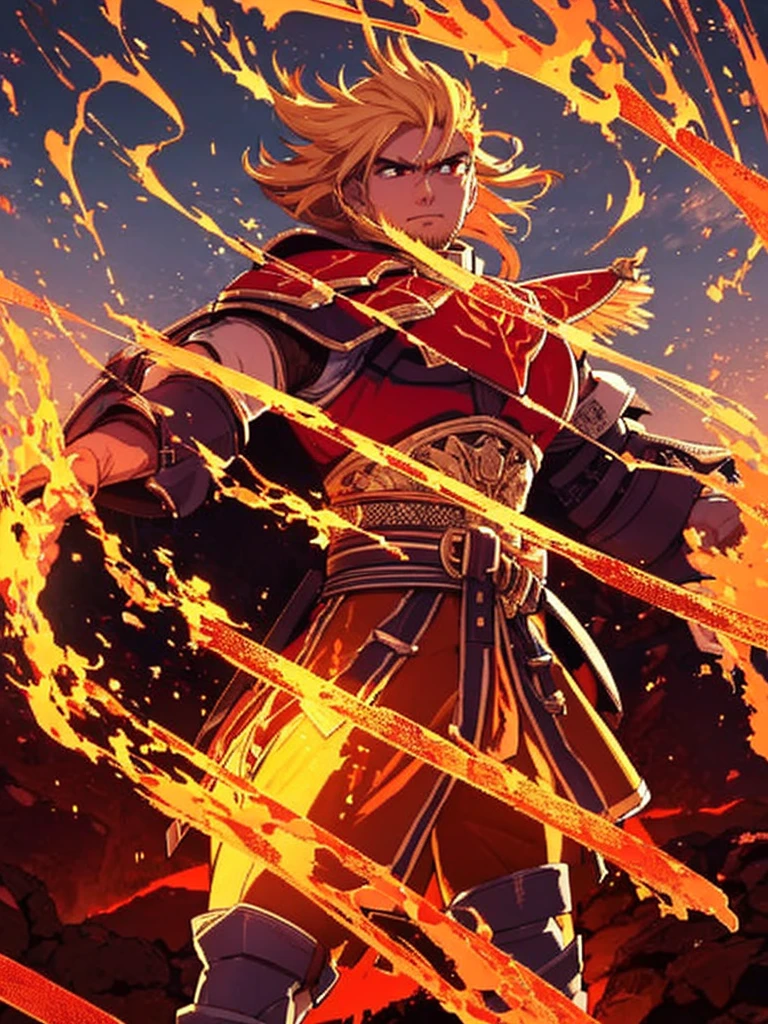 A tall, strong young man, with blond hair and a red beard. He will be dressed in mythical armor, which includes: A powerful gauntlet covering your hands and forearm, where ice crystals form around, emitting ice smoke as if freezing the air around it. This detail will bring a feeling of cold and power.. A sword made of dark steel, with cracks filled with bright red lava, following the Kintsugi technique, but instead of gold, lava will flow through the cracks in the blade, and the edge of the sword is incandescent creating a contrast between ice and fire. An imposing belt, with large engravings and ancient runes, giving the feeling of brute strength. It will be robust and detailed, looking like a legendary artifact that increases physical power. Will be in a combat pose, holding the sword firmly, with a serious and resolute expression. His posture will show that he is ready to face any opponent, balancing the power of his ice and fire relics. Masterpiece artwork, best qualityer, detail, details altos, 品質, high qualiy, super detaill, 