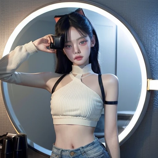 a close up of a person taking a photo of a person in a mirror, korean girl, 2 female models, trend on cgstation, Beautiful young Korean woman, ulzzang, sexy look at the camera, from 8k matte, beautiful chinese model, wearing crop top, wearing a sexy crop top, Attractive Pose, 1 8 are red hair 