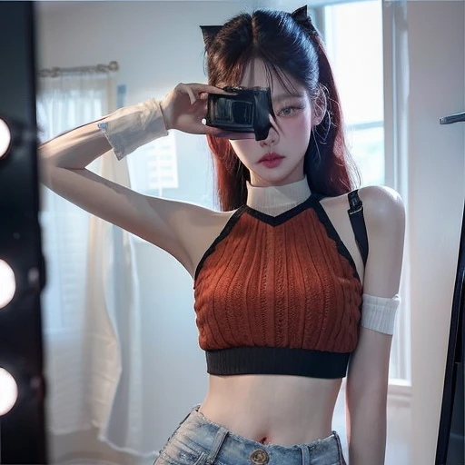 a close up of a person taking a photo of a person in a mirror, korean girl, 2 female models, trend on cgstation, Beautiful young Korean woman, ulzzang, sexy look at the camera, from 8k matte, beautiful chinese model, wearing crop top, wearing a sexy crop top, Attractive Pose, 1 8 are red hair 