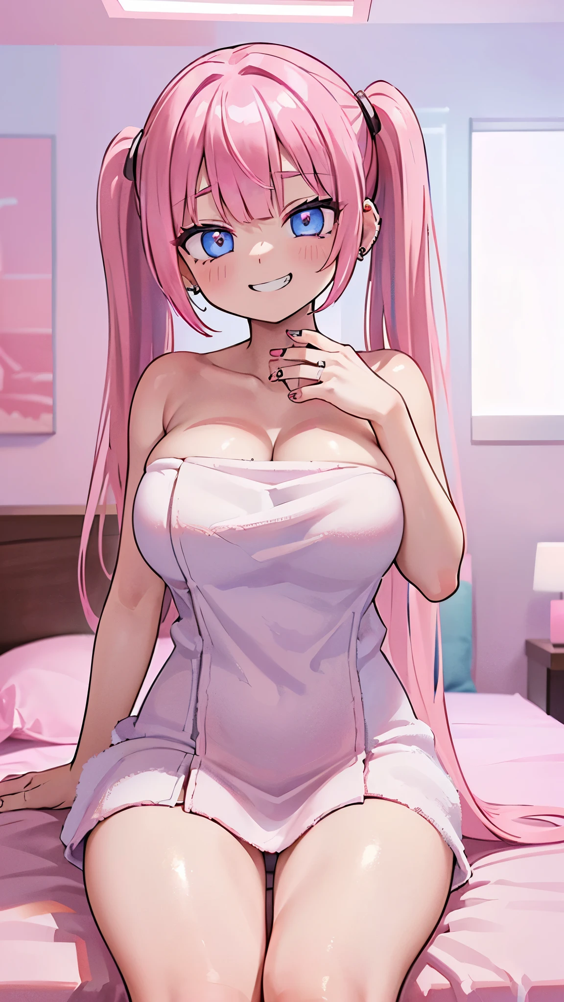 ((masterpiece、Highest quality、Super detailed)、((One person))、((Pink Hair))、((Twin tails))、((Light blue eyes))、evil smile、((Grin))、((lots of piercings))、((Very large breasts))、((naked towel))、Cowboy Shot、Sit on the bed、((Pink Room))、((Pink lighting))、((Dimly lit room))、Bedroom Background