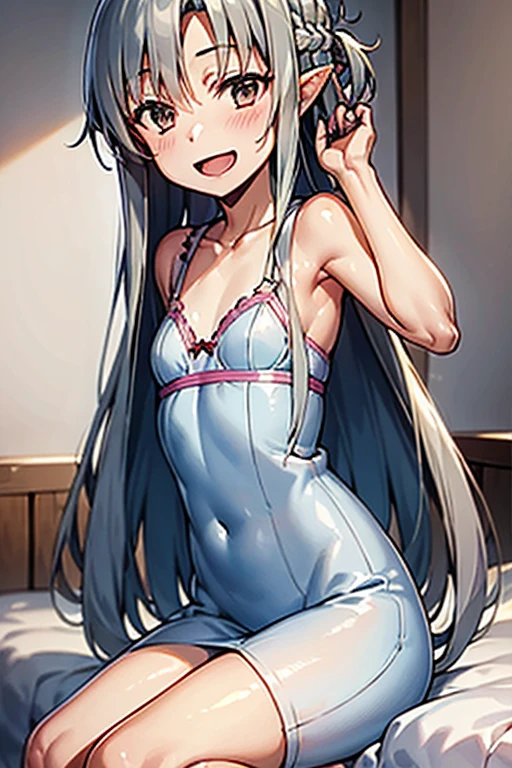 ((Highest quality)), ((masterpiece)), (be familiar with), Perfect Face, indoor, Bedroom, Watching the audience,
One woman, Yuuki Asuna,
Open Mouth, Ecstatic expression, blush, smile,
Small breasts, Flat Chest, , , child, Girl,
Long Hair, Long Hair,
Leg spread,