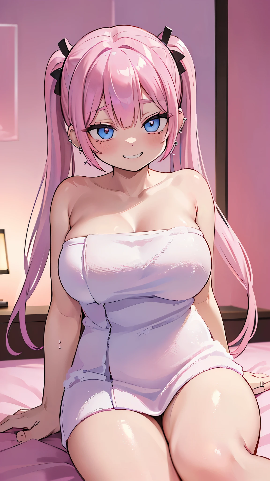 ((masterpiece、Highest quality、Super detailed)、((One person))、((Pink Hair))、((Twin tails))、((Light blue eyes))、evil smile、((Grin))、((lots of piercings))、((Very large breasts))、((naked towel))、Cowboy Shot、Sit on the bed、((Pink Room))、((Pink lighting))、((Dimly lit room))、Bedroom Background