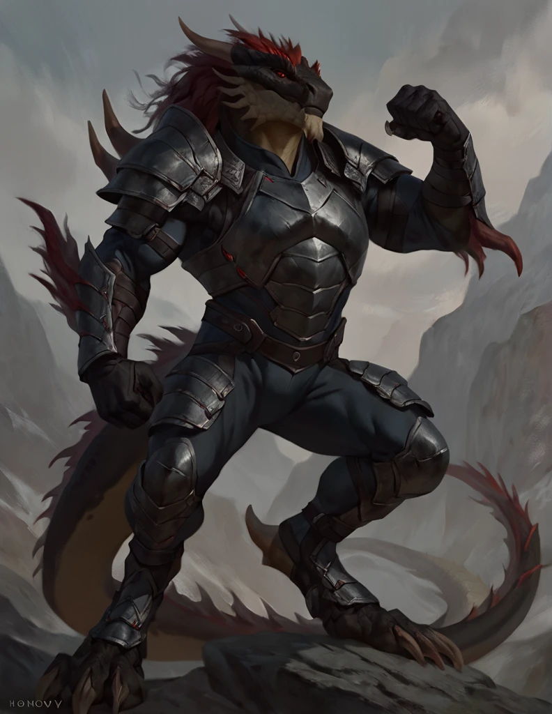 a ferocious male dragonborn, solo, muscular detailed body, athletic, badass pose, full body, dark color body, scalie, red eyes, pants, armor, armless bodysuit, comicbook style, best quality, 4k, ultra-detailed, by laobai, by taran fiddler, by honovy