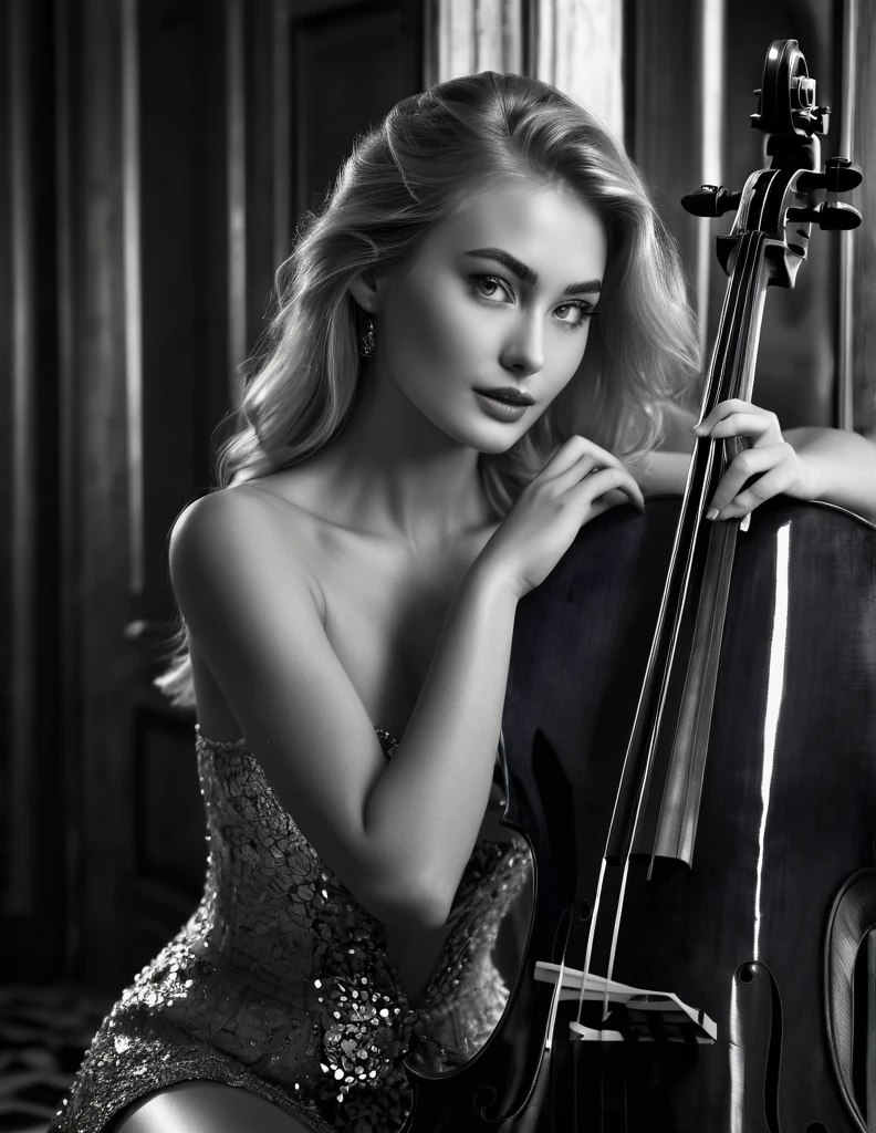 intricate, highly detailed, , artstation, monochrome concept art, naughty, sharp focus, cinematic lighting, Colorful, ((((((((photographs of  naughty full Stunning Fashion model hiding behind the cello, playing the cello )))))))) , alluring full body shot with highly detailed , luxury, elite, cinematic, depth of field, glow, trending on artstation, ultra high detailed, frontlighting, bright face ,(((mesmerizing beautiful  body,  amazing professional hair designs , expensive  golden necklaces and bracelets  , (((( Russian gorgeous girl with beautiful nose and lips, blue beautiful Symmetrical Eyes ))))  ,different unique elegant poses while playing  dark brown cello, sexy blonde chick, (((((((realistic, hyperrealism, lifelike realistic photography))))))), (((( medium size breasts, medium waist)))))), ,((cute and naughty smile)), barefoot, ((((((3D  black background)))))) ,very bright Frontlighting ,(((((((( side shot, front shot,    ,  she is handling the cello))))))) , ((((((model is  looking at the viewer with cute and naughty smile )))))) ), (((((she is sitting on the  bright mirror polished floor cross-legged and hugging cello))))), (((((( Naked body ))))))) , (((((full body shot in the frame )))), ((, sitting on  bright silver mirror floor and reflections ,)), (legs separated and keeping cello between her legs), (((((she is full naked and her breasts hidden behind the cello ))))), ((((((((((((there is a bright mirror wall behind her back, Reflections of her  naked body ))))))))))))) ), 