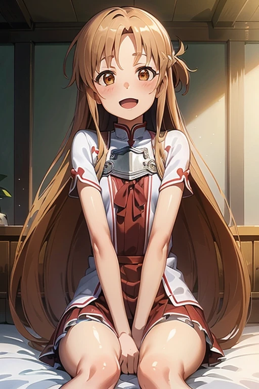 ((Highest quality)), ((masterpiece)), (be familiar with), Perfect Face, indoor, Bedroom, Watching the audience,
One woman, Yuuki Asuna,
Open Mouth, Ecstatic expression, blush, smile,
Small breasts, Flat Chest, , , child, Girl,
Long Hair, Long Hair,
Leg spread,