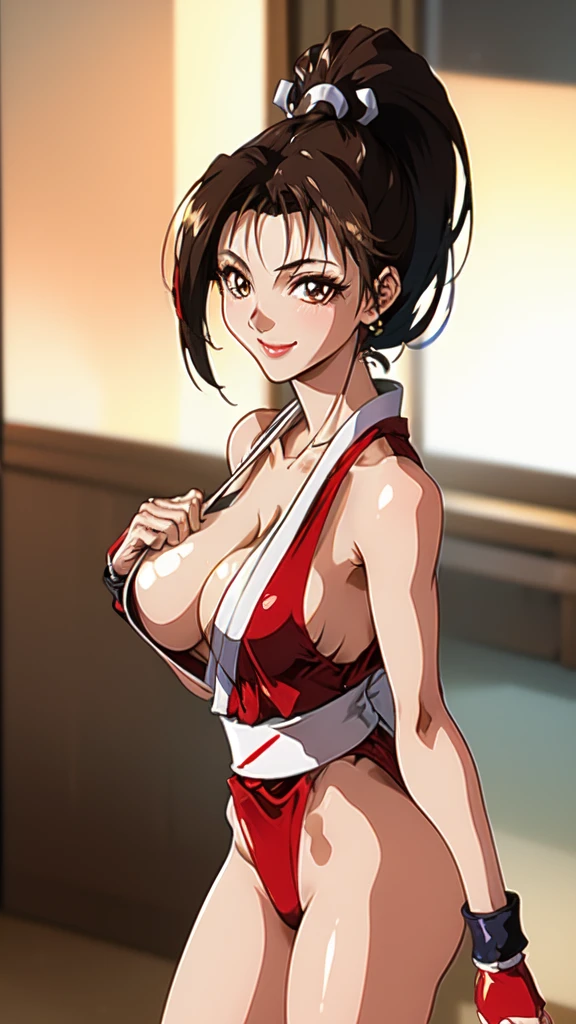 ((Mai Shiranui,ponytail,Background is a Japanese-style room in a Japanese house:1.3)),upper body, Looking at the audience,Slim and sexy figure, the best quality, (8k), (4K),(masterpiece), (the best quality), Extremely detailed, Game CG, Ultra Detailed, illustration, Beautiful Body,Beautiful nose,fair character design, Perfect Eye, Perfect Face , 1 girl, 30 years,Fair Finger,Fair body, Fair Nose,Fair character design, perfect Eye, perfect Face,expressive Eye,Perfect balance,(Focus on her Face),(Light_Smile:0.3), official art,Extremely detailed CG Unity 8K wallpaper, Perfect lighting,rich and colourful, bright_front_Face_Lighting,White skin, (masterpiece:1.0),(the best_quality:1.0), Ultra-high resolution,4K,Ultra Detailed, photography, 8k, HDR, high resolution, Kodak Portrait 400, Film Grain, Blurred background, bokeh:1.2,Professional photographer, (Fair,Big goals_Chest:1.4), underwear,lace, underwear, lingerie、(((smile,pretty face:1.3)))