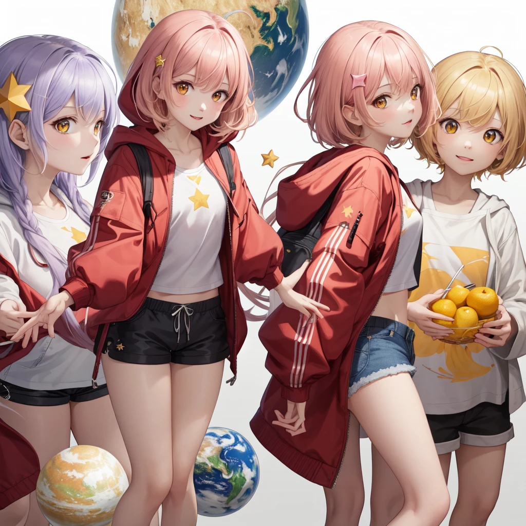 (masterpiece:1.2),(Best quality:1.2),(8 K),character sheet,(wallpaper),((One)),((White background)),BBv1,1 girl,fruits, yellow eyes,food,pink hair, blonde hair, gradient hair, One,hair ornament, Hood, long hair,shorts,star (symbol), Open red jacket, I look at the viewer, A planet, standing, Cat&#39;s ears, Cat&#39;s Double Tail, open jacket, Hair develops, pleated skirt