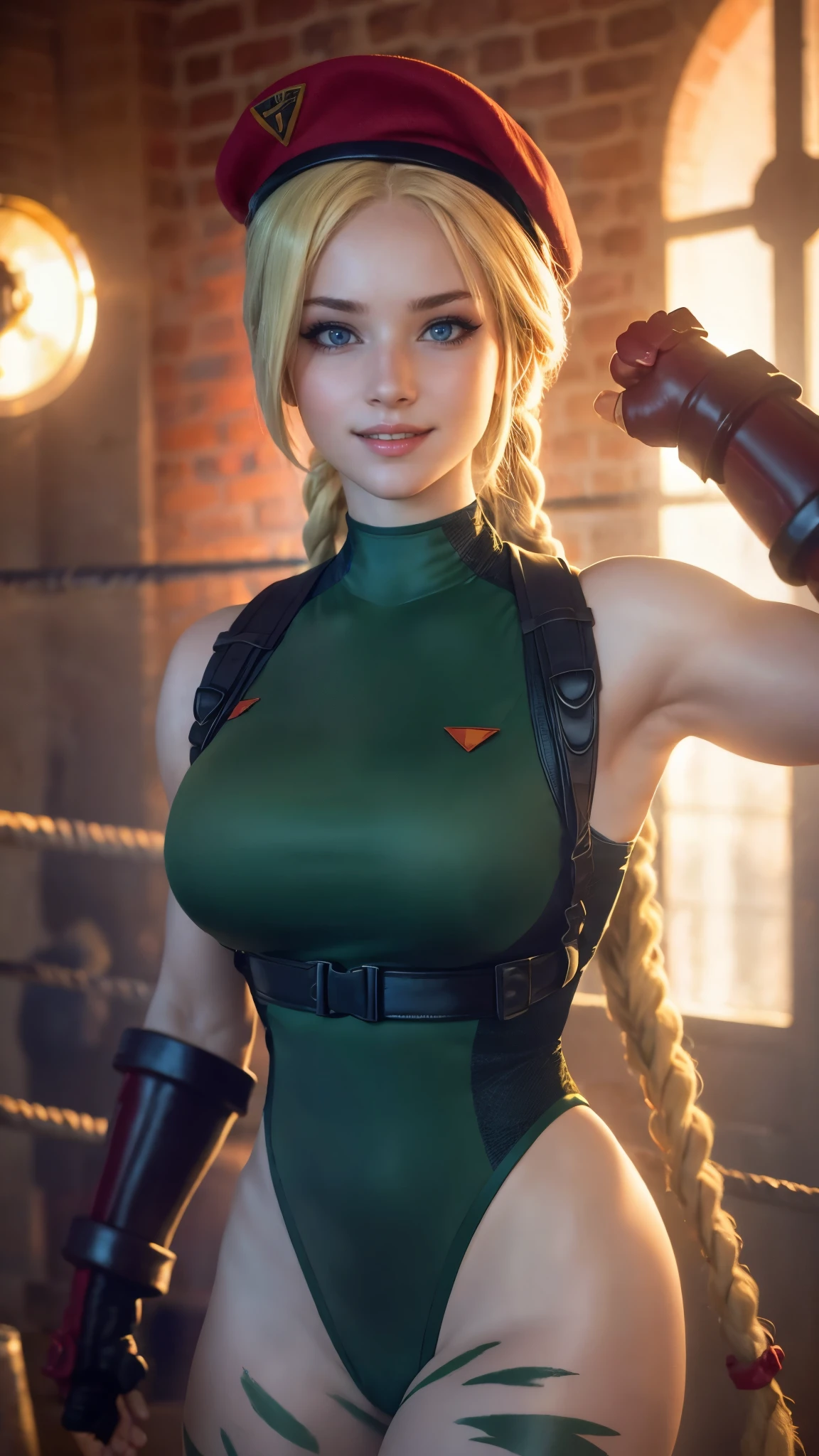 Cammy white da street fighter,(best quality, 4K,8k,high resolution,work of art:1.2)(weather: sunny), boxing gym, boxing ring, combat stance, long braided hair, blonde hair, harness, leotard, garrison cap, gloves, boots, ultra detailed,realistic,beautiful detailed blue eyes, beautiful detailed lips,extremely detailed eye and face, long eyelashes,average,large breasts,flying hair,beaming smile, sexy smile, powerful girl, bright coloured, dramatic lighting,