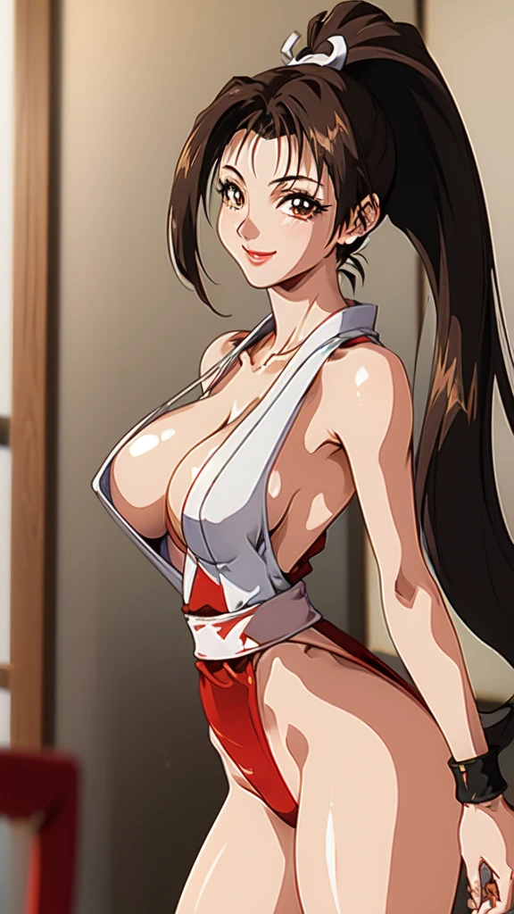 ((Mai Shiranui,ponytail,Background is a Japanese-style room in a Japanese house:1.3)),upper body, Looking at the audience,Slim and sexy figure, the best quality, (8k), (4K),(masterpiece), (the best quality), Extremely detailed, Game CG, Ultra Detailed, illustration, Beautiful Body,Beautiful nose,fair character design, Perfect Eye, Perfect Face , 1 girl, 30 years,Fair Finger,Fair body, Fair Nose,Fair character design, perfect Eye, perfect Face,expressive Eye,Perfect balance,(Focus on her Face),(Light_Smile:0.3), official art,Extremely detailed CG Unity 8K wallpaper, Perfect lighting,rich and colourful, bright_front_Face_Lighting,White skin, (masterpiece:1.0),(the best_quality:1.0), Ultra-high resolution,4K,Ultra Detailed, photography, 8k, HDR, high resolution, Kodak Portrait 400, Film Grain, Blurred background, bokeh:1.2,Professional photographer, (Fair,Big goals_Chest:1.4), underwear,lace, underwear, lingerie、(((smile,pretty face:1.3)))