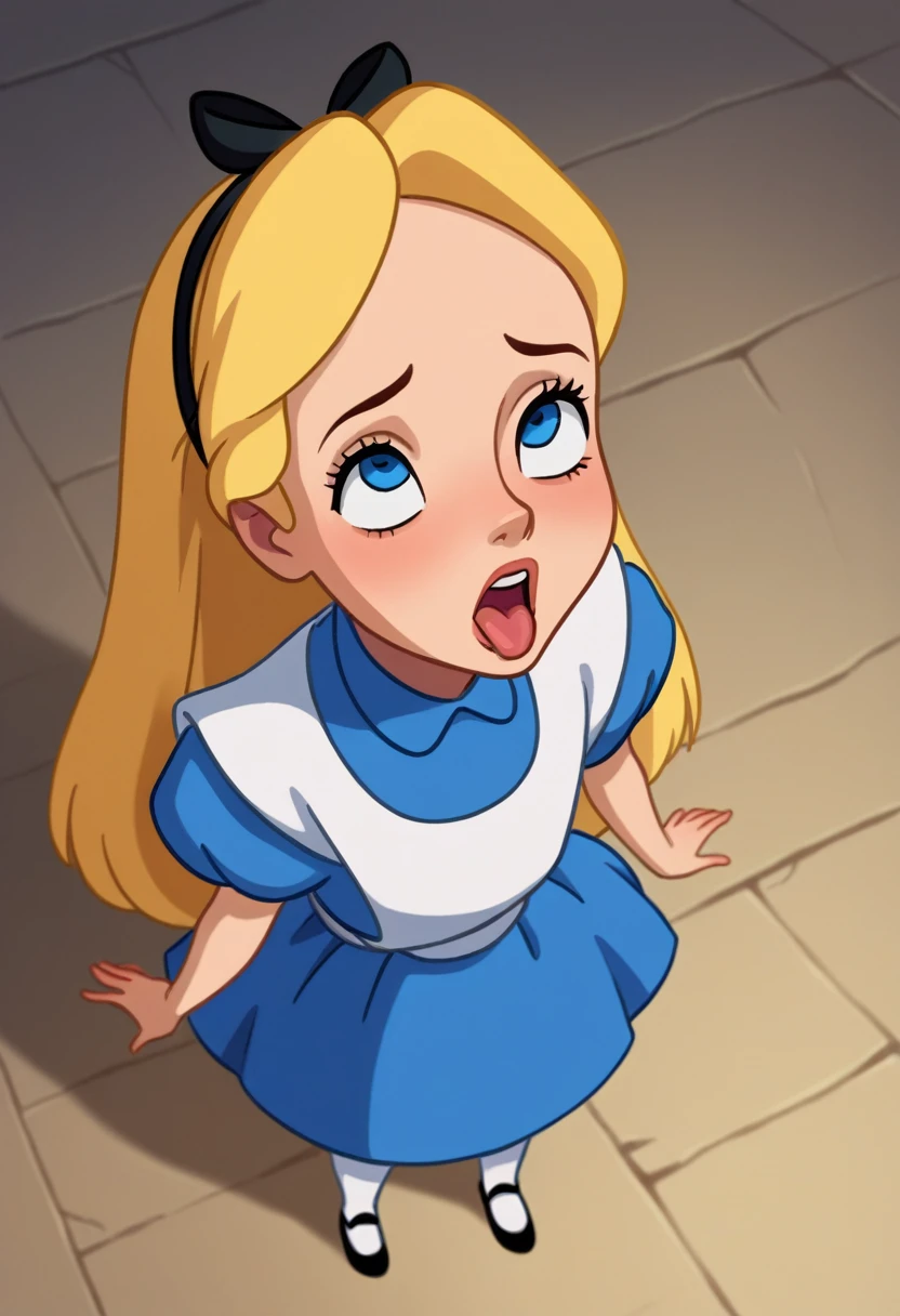 punctuation_8_High above, Alice, 1 girl, standing alone, hair blonde, long hair, blue colored eyes, headband, ribbon bow, blue dress, manga curta, looking ahead at viewer, plein-air, just the face, ahegao, best qualityer 