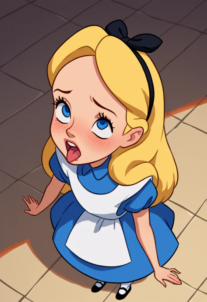 punctuation_8_High above, Alice, 1 girl, standing alone, hair blonde, long hair, blue colored eyes, headband, ribbon bow, blue dress, manga curta, looking ahead at viewer, plein-air, just the face, ahegao, best qualityer 