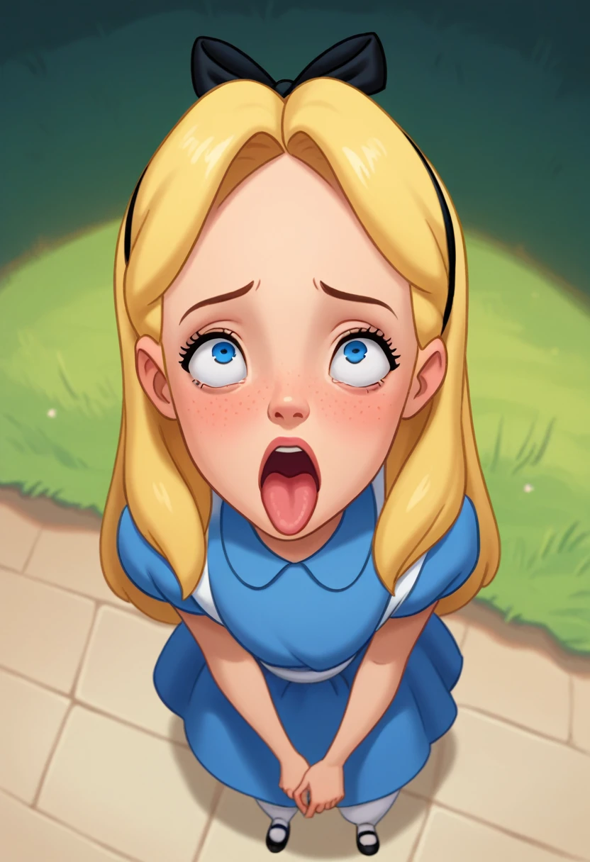 punctuation_8_High above, Alice, 1 girl, standing alone, hair blonde, long hair, blue colored eyes, headband, ribbon bow, blue dress, manga curta, looking ahead at viewer, plein-air, just the face, ahegao, best qualityer 