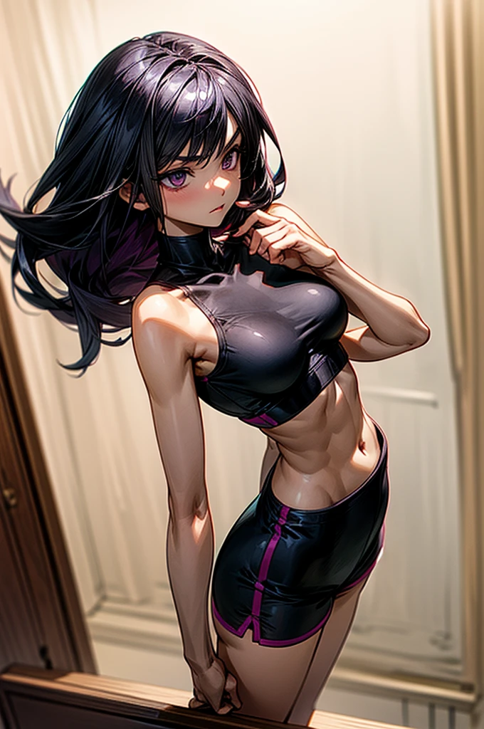 ((Sketch)), ((Watercolor)), ((best quality)), ((masterpiece)), (detailed), 4k image, anime style, beautiful young girl, sleek waist length dark violet-black hair, velvet colored eyes(mix of red and purple), serious and disdainful expression, sharp and arrogant facial features, full cherry pink lips, slim curvy body, tall height(180cm), narrow waist, D cup breasts, slim yet full curvy hips, oval shaped face, form-fitting sports bra and black form-fitting dolphin shorts, standing pose with body turned at an angle, hips flaring out, smooth lightly tanned white skin, natural indoor background with a bed and desk, soft daylight coming from the right side, casting gentle shadows, casual and slightly intense atmosphere, low angle, sharp focus on the subject, no motion blur, well-lit overall exposure, side view