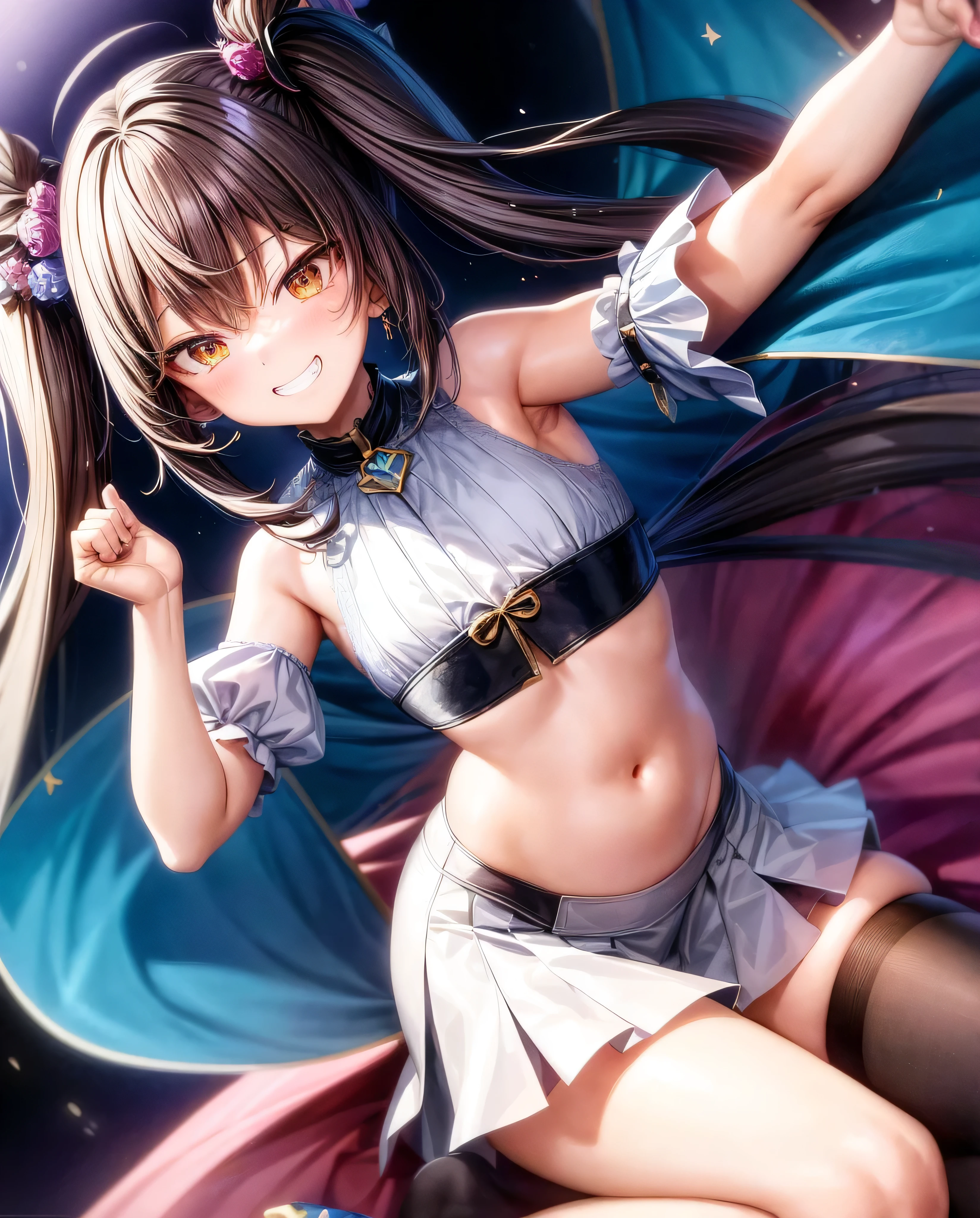 a beautiful cartoon woman on a bed with her panties pulled up around her thighs, 1 person of woman of son, 一人w, smile, Knee socks, View Audience, belly button, chest, Sittwg, Grw, Stomach, underwear, tattoo, Tww tailss, black skirt, skirt, good, Long sleeve, panties, Pink of eyes, ベッドof上w, Multicolored hair, small chest, lace trim,,((mischievous Grw)),,Little,,Tww tails,masterpiece, Highest quality, Lookwg_w_Audience, depth_of_Field, Happy, Are standwg, From above, 1 person of woman of son, Cure Sky, Blue clothes, Tww tails, Gradient Hair, Ahoge, Blunt bangs, head of wings, , Puffy sleeves, cape, Knee socks, blue legwear, gem, 片耳用Earrwgs,View Audience, black handbag, Earrwgs, Ruffled black skirt, Middle chest, Black enamel boots, Evil smile,latex,